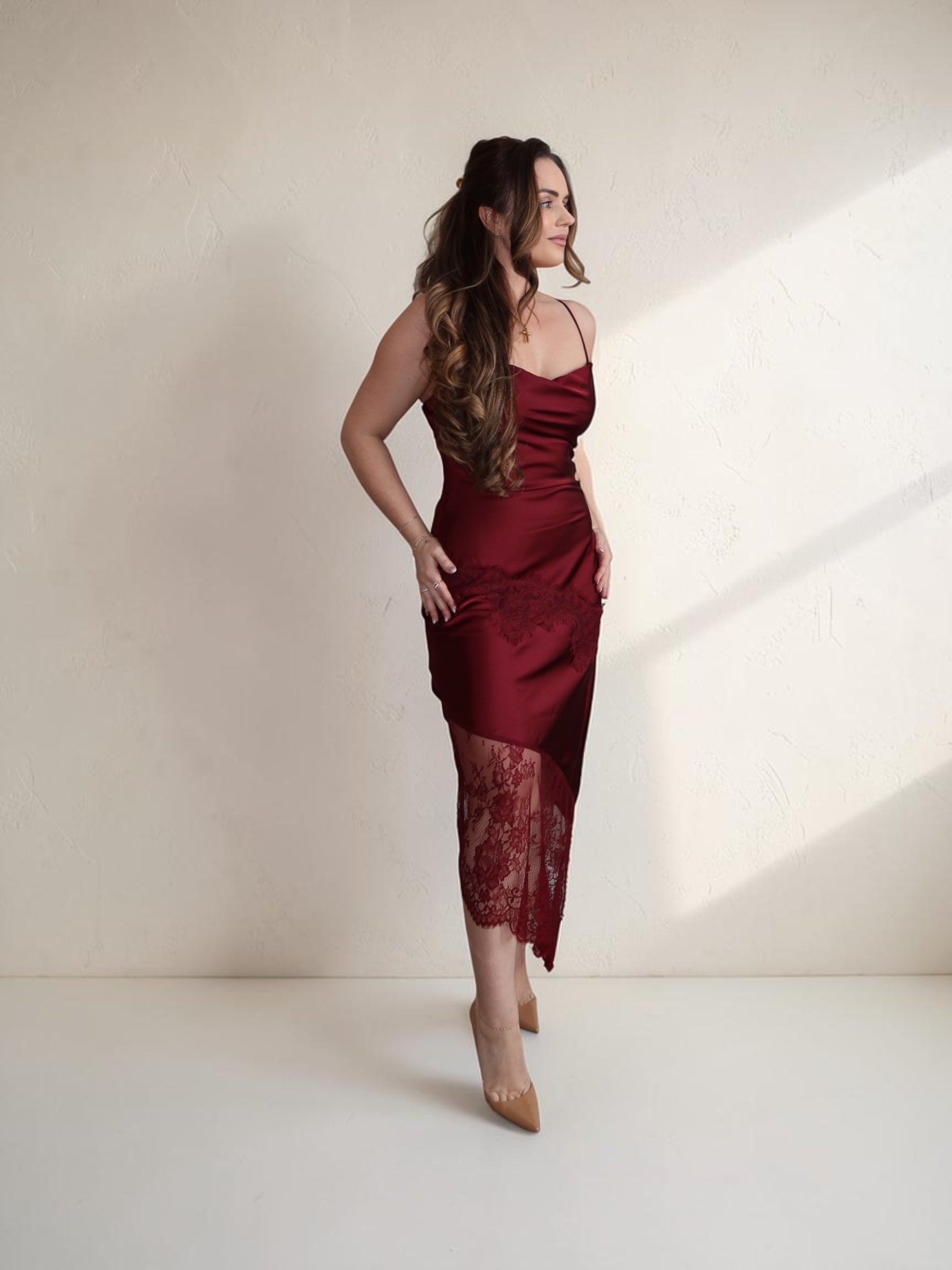 Midnight Merlot lace Asym midi Main image