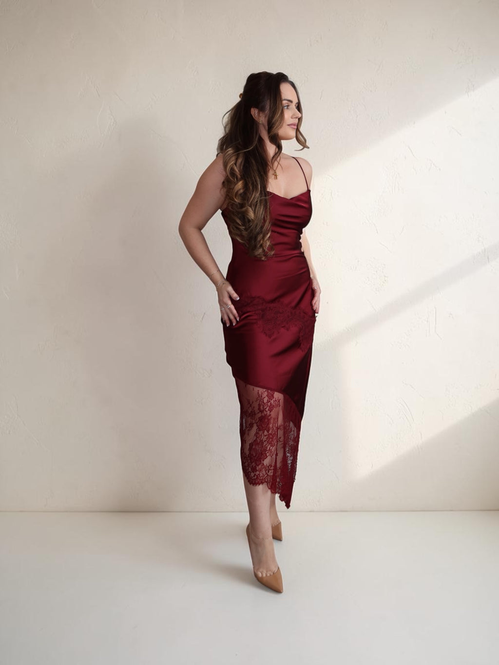 Midnight Merlot lace Asym midi
