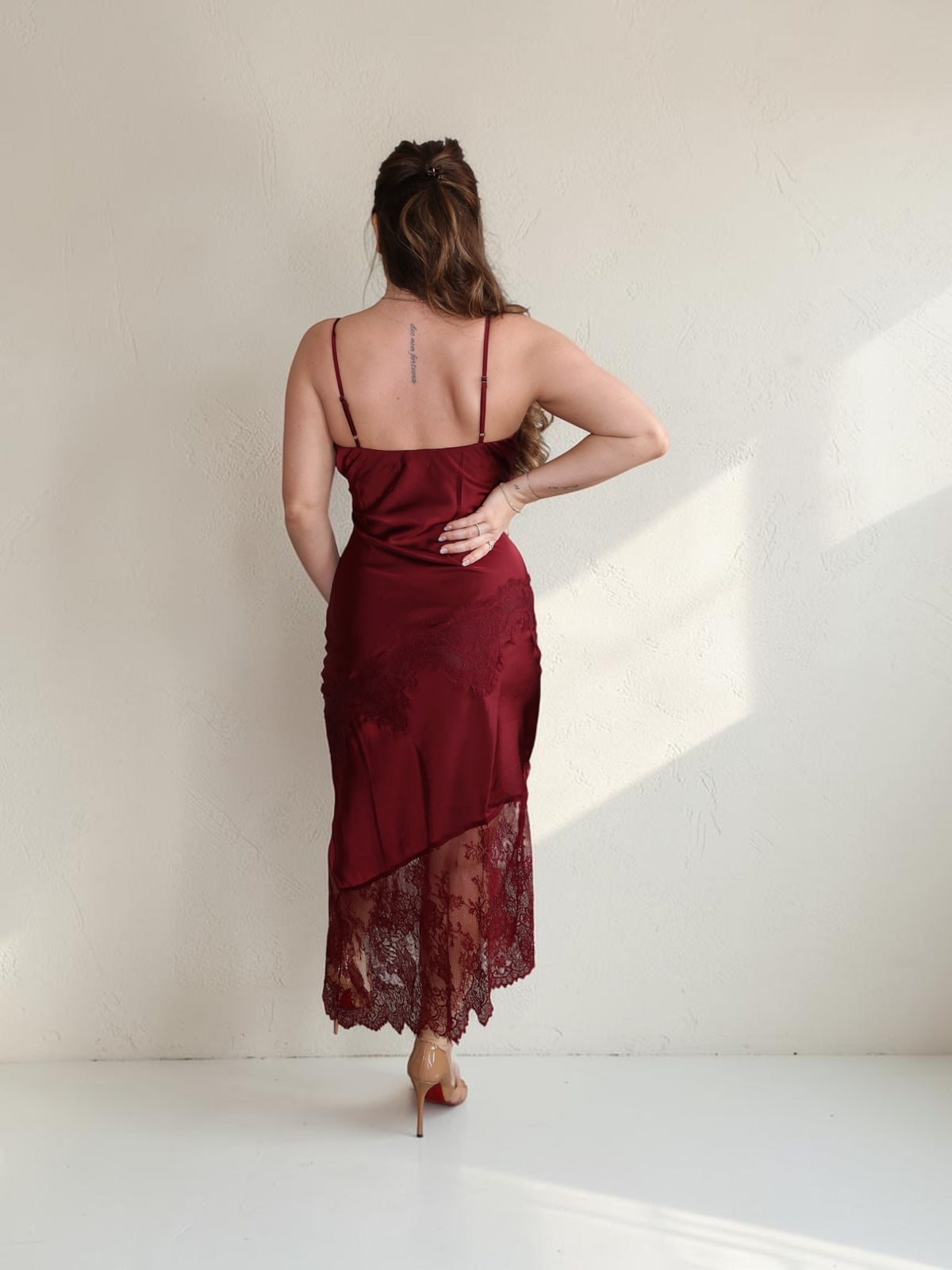 Midnight Merlot lace Asym midi