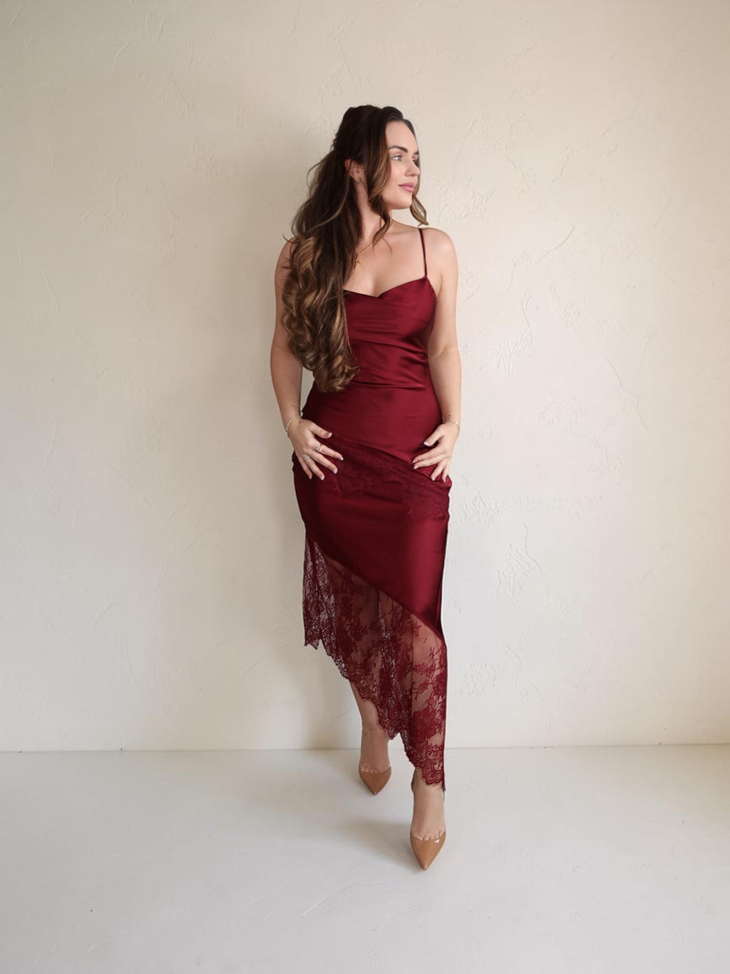 Midnight Merlot lace Asym midi