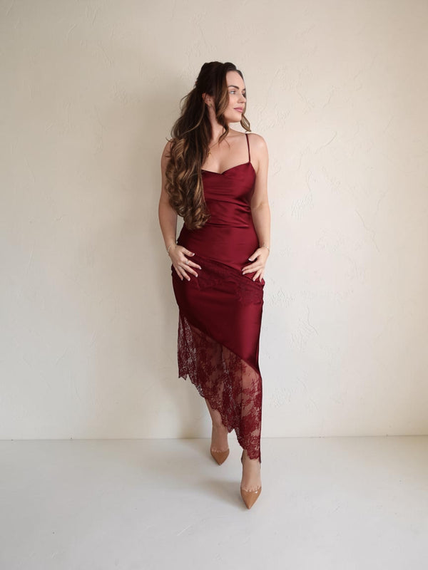 Midnight Merlot lace Asym midi