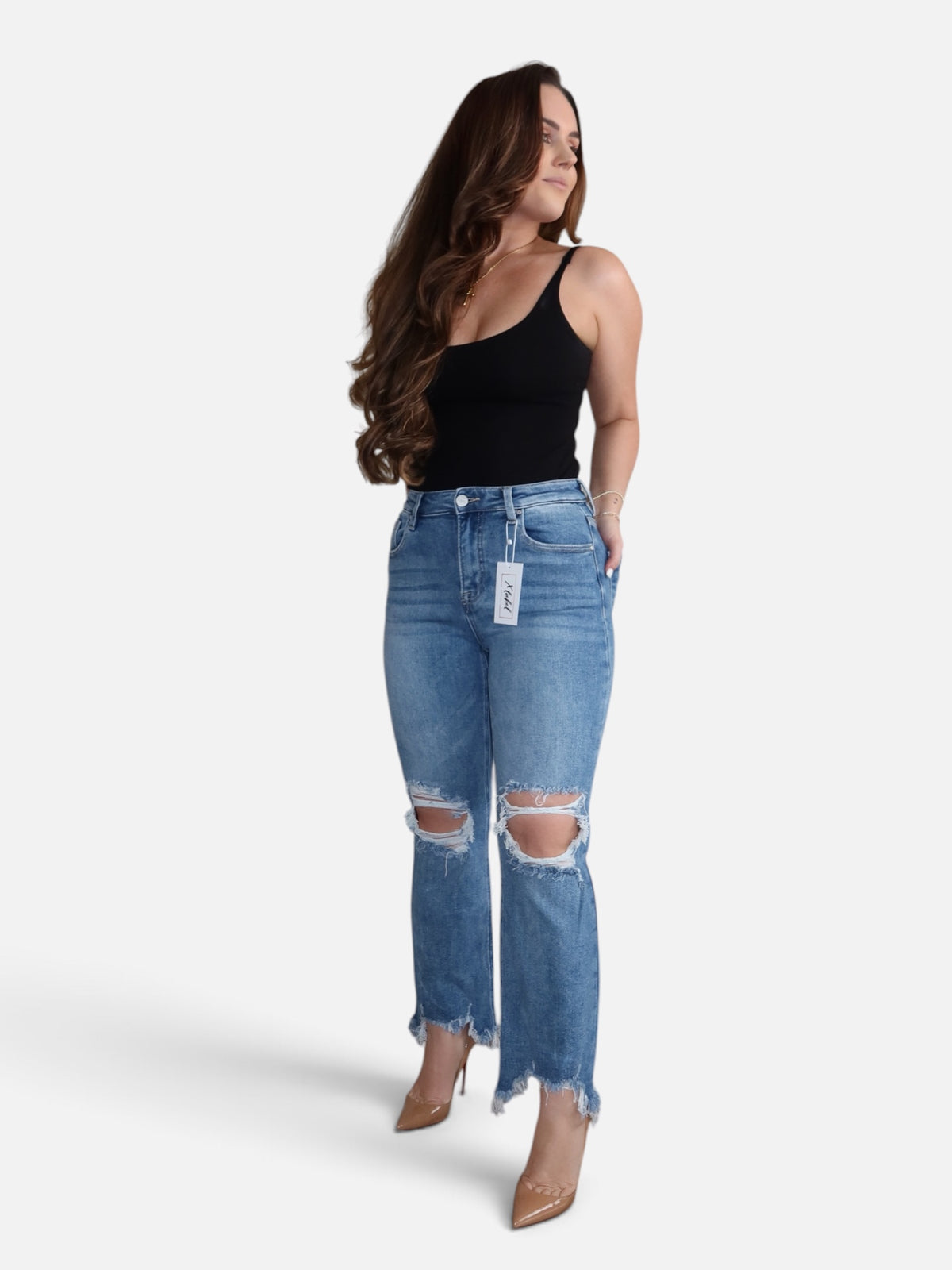 Risen High-Rise Straight Cut-Off Denim