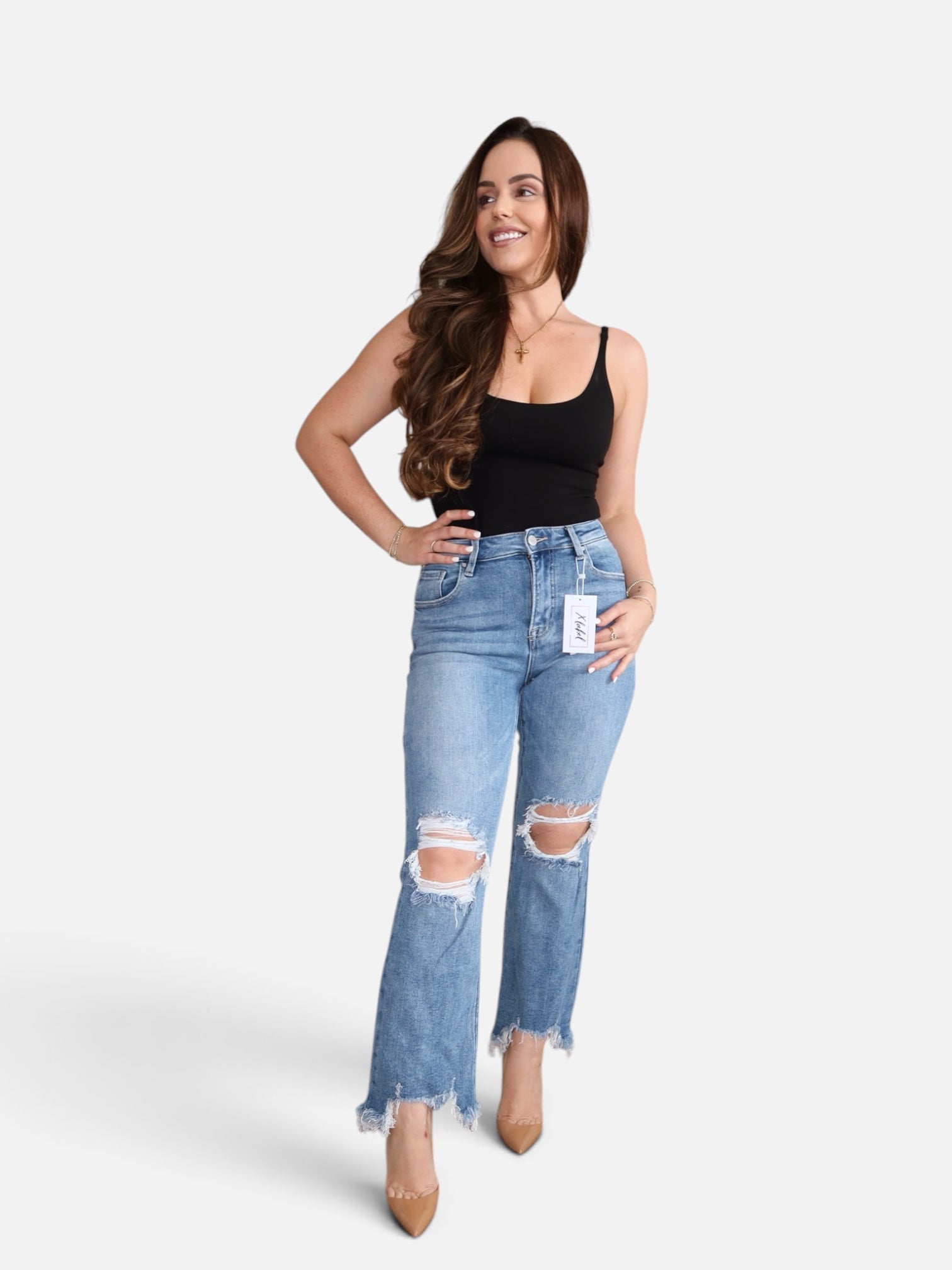 Risen High-Rise Straight Cut-Off Denim
